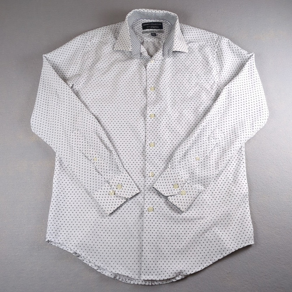 Report Collection 4 Way Stretch Shirt Mens Small White Slim Geo Print Flip Cuff